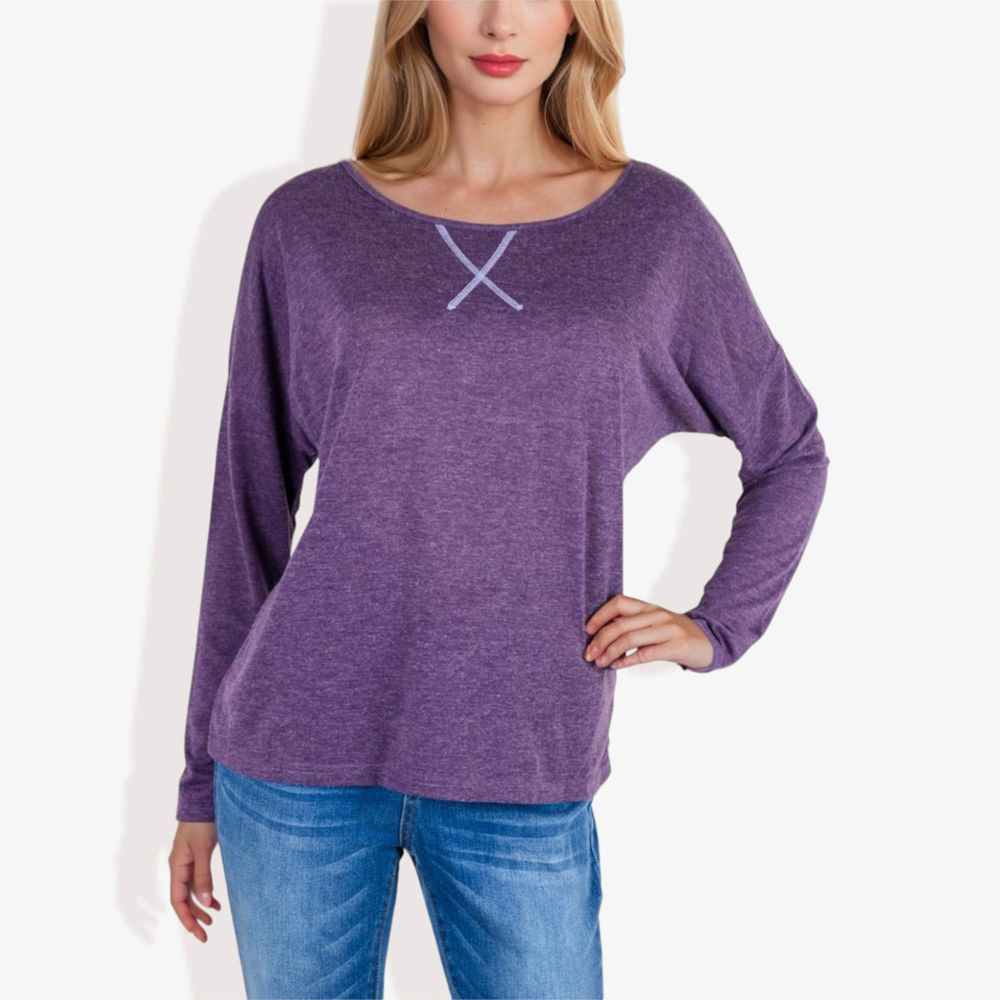 Long Sleeve Boat Neck Pullover Top with Stitch Detail