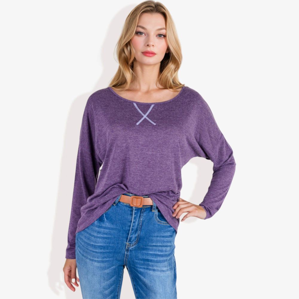 Long Sleeve Boat Neck Pullover Top with Stitch Detail