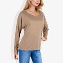 Beige Large Long Sleeve Boat Neck Pullover Top with Stitch Detail