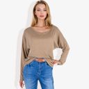 Beige Large Long Sleeve Boat Neck Pullover Top with Stitch Detail