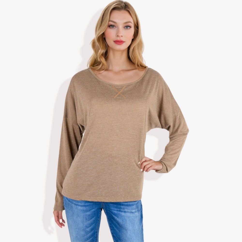 Long Sleeve Boat Neck Pullover Top with Stitch Detail