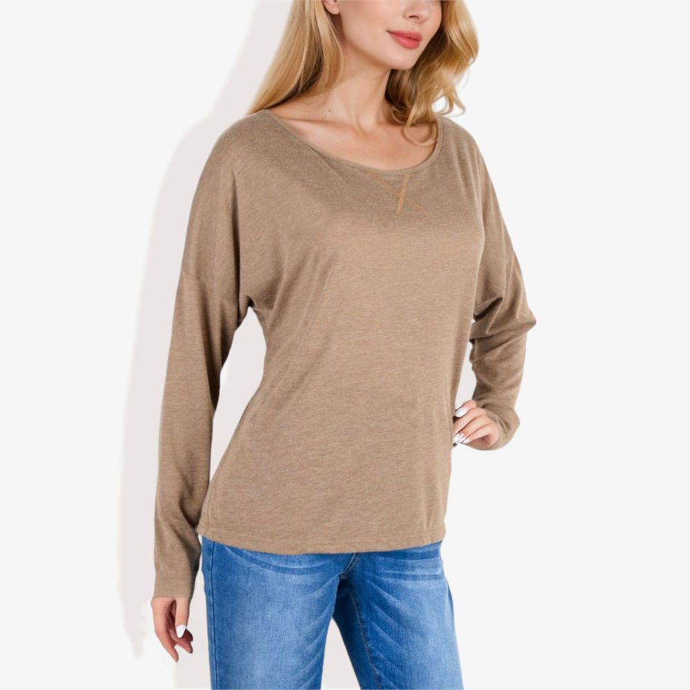 Long Sleeve Boat Neck Pullover Top with Stitch Detail