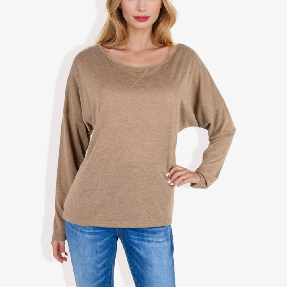 Long Sleeve Boat Neck Pullover Top with Stitch Detail