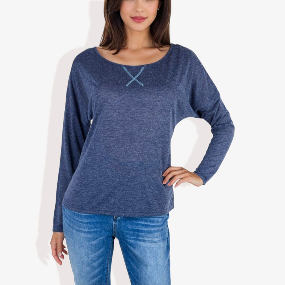 Long Sleeve Boat Neck Pullover Top with Stitch Detail