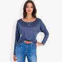 Blue Large Long Sleeve Boat Neck Pullover Top with Stitch Detail