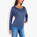 Blue Large Long Sleeve Boat Neck Pullover Top with Stitch Detail