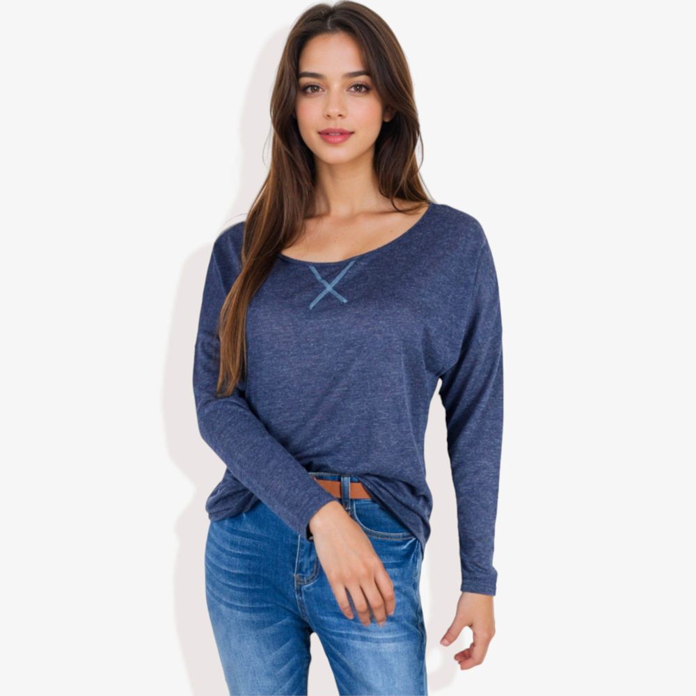 Long Sleeve Boat Neck Pullover Top with Stitch Detail