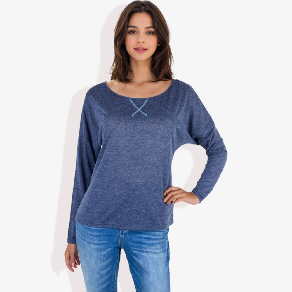 Long Sleeve Boat Neck Pullover Top with Stitch Detail