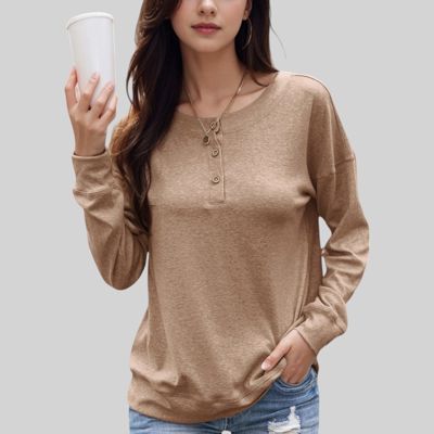 Women's Long Sleeve Henley Pullover with Button Detail and Ribbed Cuffs
