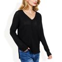 Black Large V-Neck Waffle Knit Pullover Top with Long Sleeves