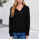 Black Large V-Neck Waffle Knit Pullover Top with Long Sleeves