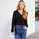 Black Large V-Neck Waffle Knit Pullover Top with Long Sleeves