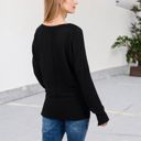 Black Large V-Neck Waffle Knit Pullover Top with Long Sleeves