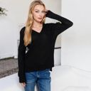 Black Large V-Neck Waffle Knit Pullover Top with Long Sleeves