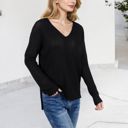 Black Large V-Neck Waffle Knit Pullover Top with Long Sleeves