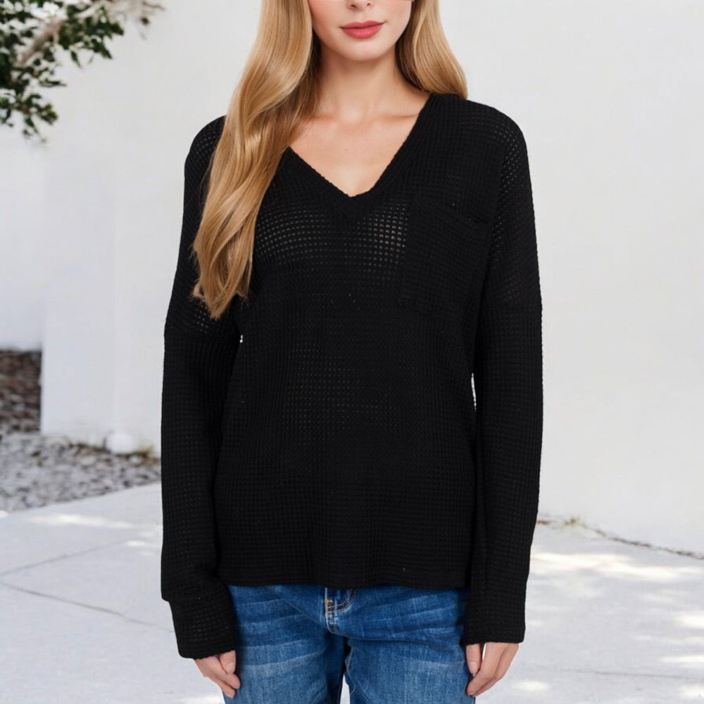 V-Neck Waffle Knit Pullover Top with Long Sleeves