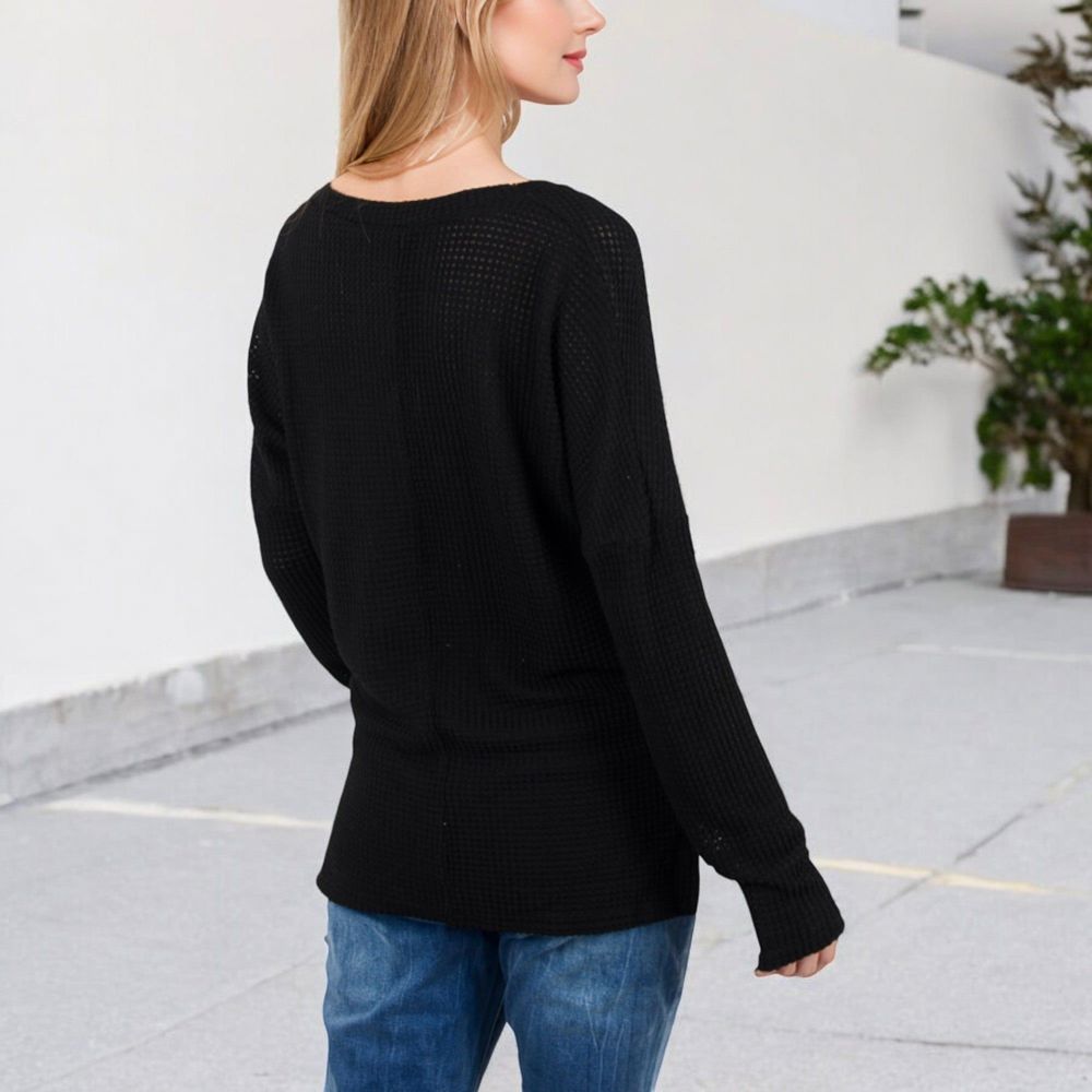 V-Neck Waffle Knit Pullover Top with Long Sleeves