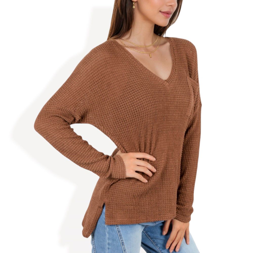 V-Neck Waffle Knit Pullover Top with Long Sleeves