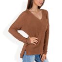 Brown Large V-Neck Waffle Knit Pullover Top with Long Sleeves