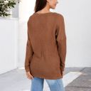 Brown Large V-Neck Waffle Knit Pullover Top with Long Sleeves