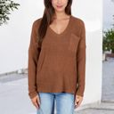 Brown Large V-Neck Waffle Knit Pullover Top with Long Sleeves