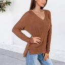 Brown Large V-Neck Waffle Knit Pullover Top with Long Sleeves