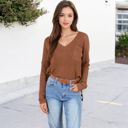 Brown Large V-Neck Waffle Knit Pullover Top with Long Sleeves