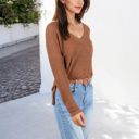 Brown Large V-Neck Waffle Knit Pullover Top with Long Sleeves