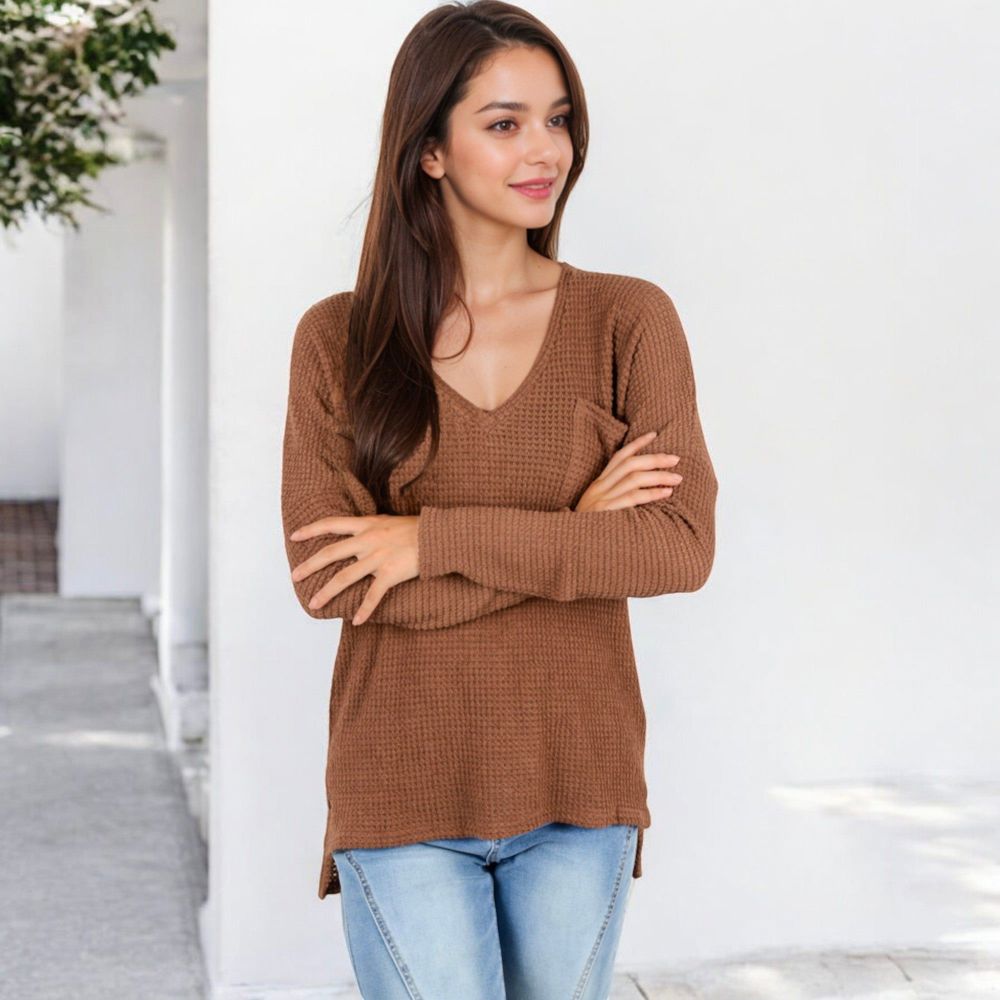 V-Neck Waffle Knit Pullover Top with Long Sleeves