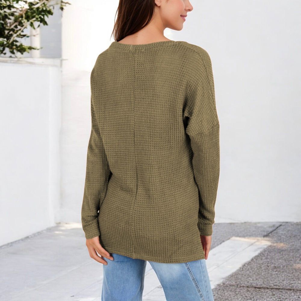 V-Neck Waffle Knit Pullover Top with Long Sleeves