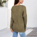 Green Large V-Neck Waffle Knit Pullover Top with Long Sleeves