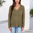 Green Large V-Neck Waffle Knit Pullover Top with Long Sleeves