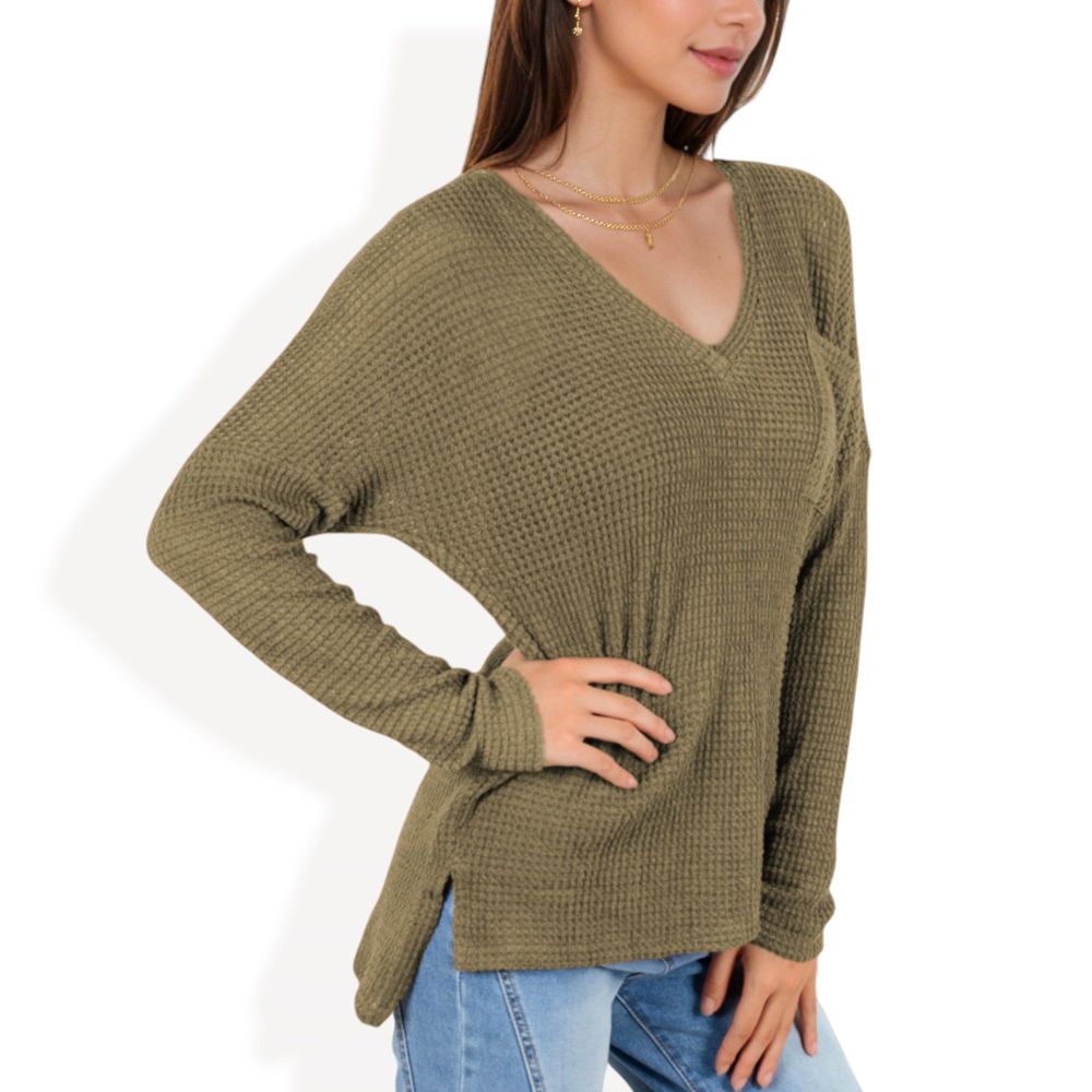 V-Neck Waffle Knit Pullover Top with Long Sleeves