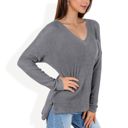 Gray Large V-Neck Waffle Knit Pullover Top with Long Sleeves