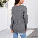 Gray Large V-Neck Waffle Knit Pullover Top with Long Sleeves