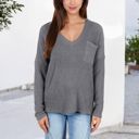 Gray Large V-Neck Waffle Knit Pullover Top with Long Sleeves