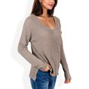 Beige Medium V-Neck Waffle Knit Pullover Top with Long Sleeves