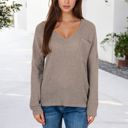 Beige Medium V-Neck Waffle Knit Pullover Top with Long Sleeves