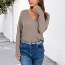 Beige Medium V-Neck Waffle Knit Pullover Top with Long Sleeves