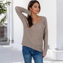 Beige Medium V-Neck Waffle Knit Pullover Top with Long Sleeves