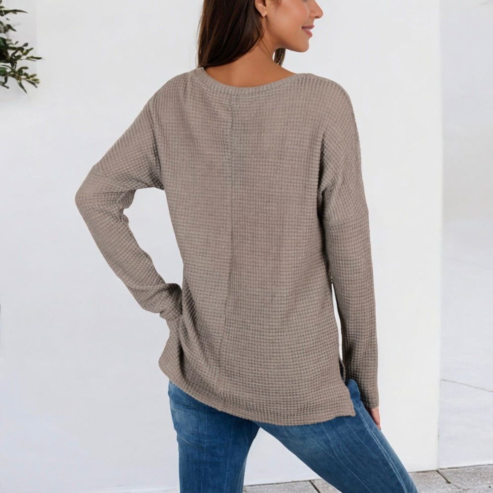 V-Neck Waffle Knit Pullover Top with Long Sleeves