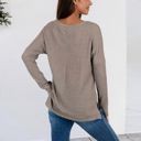 Beige Medium V-Neck Waffle Knit Pullover Top with Long Sleeves