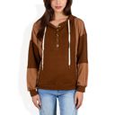 Brown Large Waffle Knit Hoodie with Long Sleeves Featuring Contrast Patchwork Casual Pullover Top