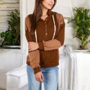 Brown Large Waffle Knit Hoodie with Long Sleeves Featuring Contrast Patchwork Casual Pullover Top