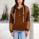 Brown Large Waffle Knit Hoodie with Long Sleeves Featuring Contrast Patchwork Casual Pullover Top