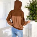 Brown Large Waffle Knit Hoodie with Long Sleeves Featuring Contrast Patchwork Casual Pullover Top