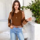 Brown Large Waffle Knit Hoodie with Long Sleeves Featuring Contrast Patchwork Casual Pullover Top