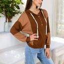 Brown Large Waffle Knit Hoodie with Long Sleeves Featuring Contrast Patchwork Casual Pullover Top