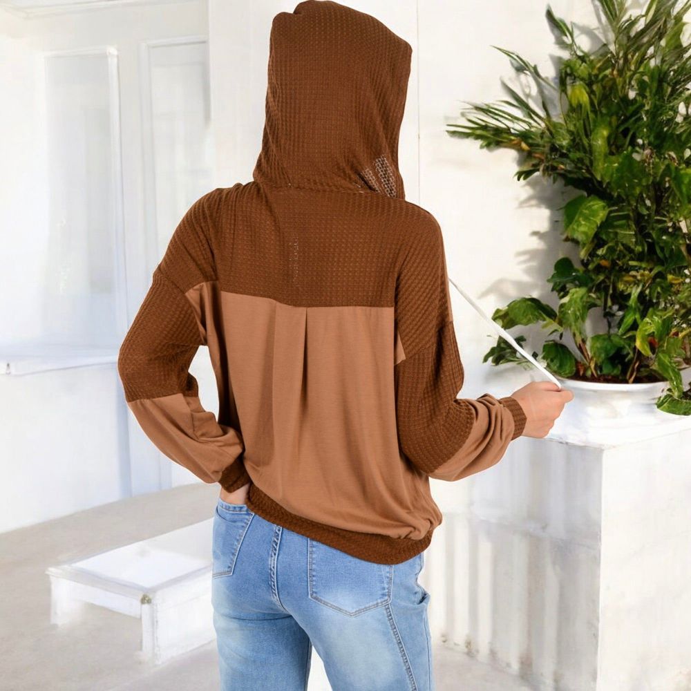 Waffle Knit Hoodie with Long Sleeves Featuring Contrast Patchwork Casual Pullover Top