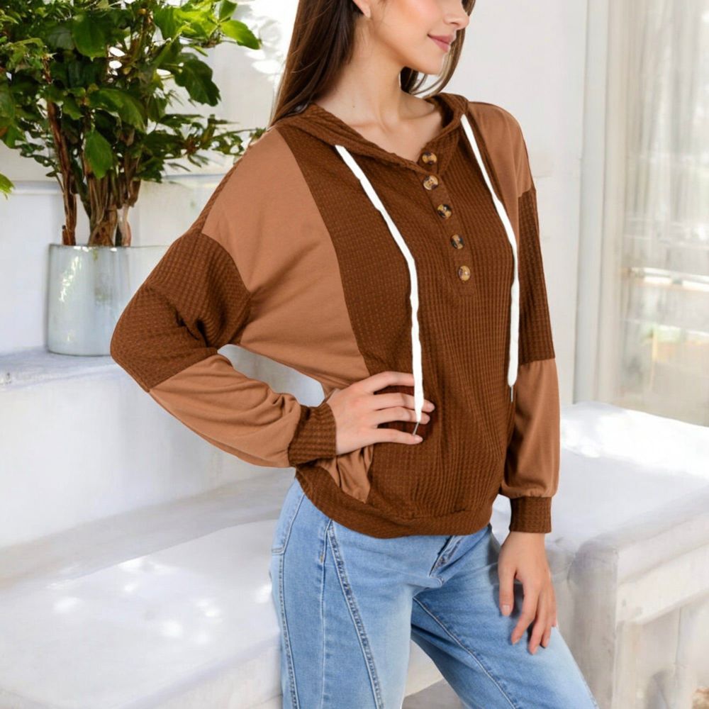 Waffle Knit Hoodie with Long Sleeves Featuring Contrast Patchwork Casual Pullover Top